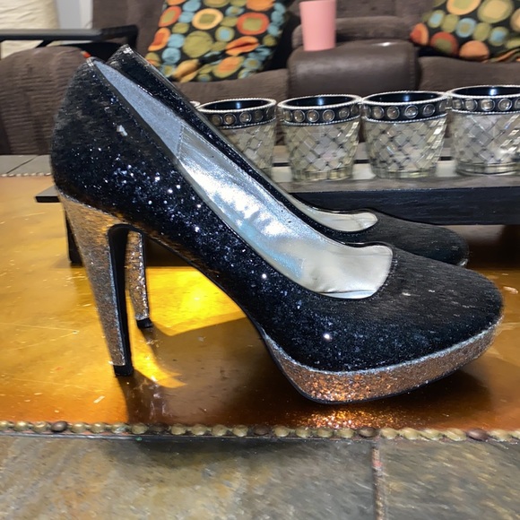 Metallic Black & Silver Glitter Sequins Heels pumps stilettos Platforms shoes - Picture 5 of 7